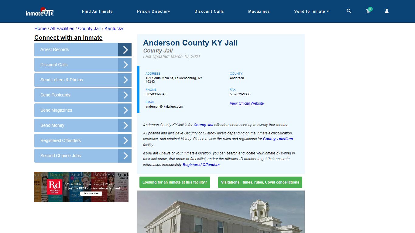 Anderson County KY Jail - Inmate Locator - Lawrenceburg, KY